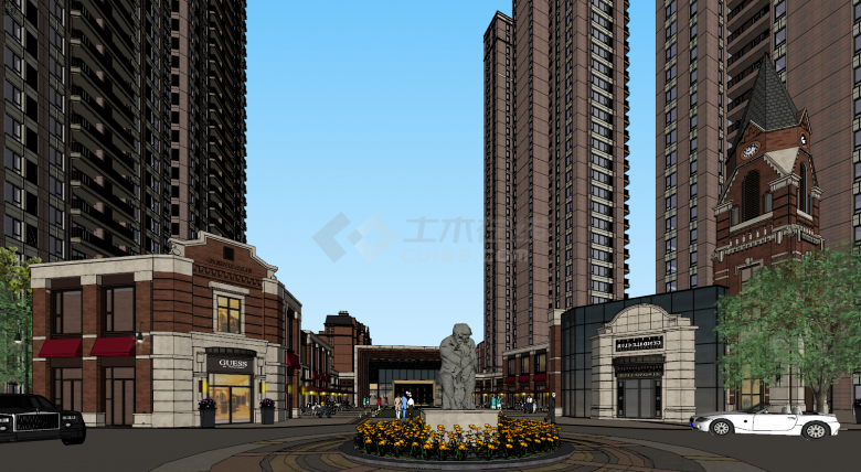 现代褐石风格购物中心外带高层建筑楼层su模型-图一