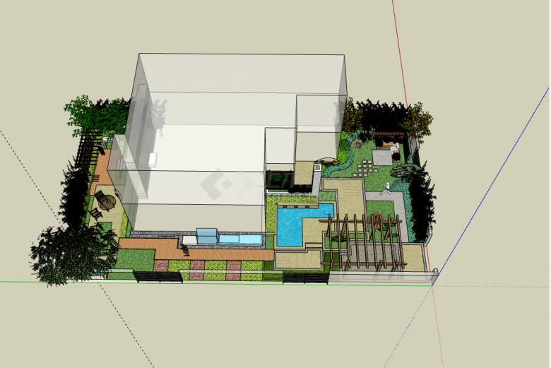 超豪华园林式设计带泳池庭院su模型-图一