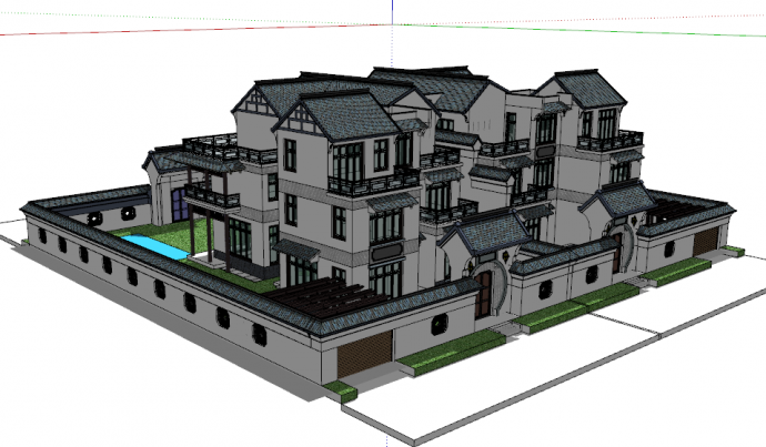 现代化四合院设计中式别墅su模型_图1