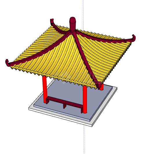 红柱子黄顶古建筑凉亭su模型-图二