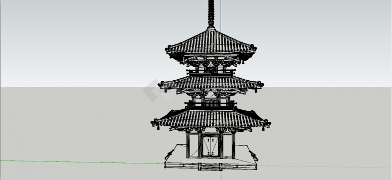 中式三层木质榫卯结构塔su模型-图二