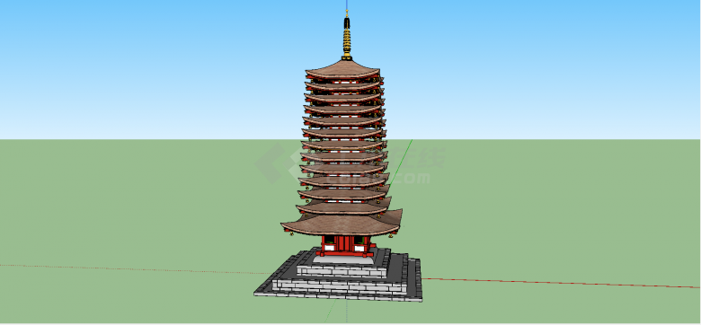 中式木质方盖尖顶塔su模型-图一