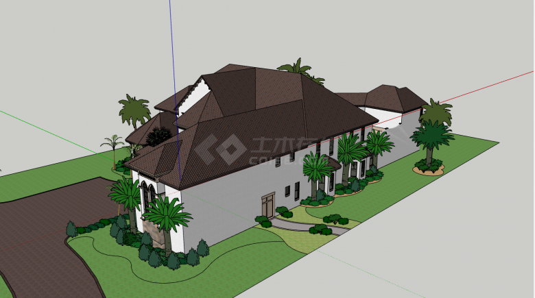 法式欧式私家别墅豪宅庄园庭院大坡屋顶建筑景观设计Su模型-图二