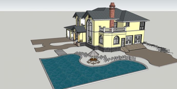 二层坡屋顶带庭院水池烟囱别墅设计su模型_图1