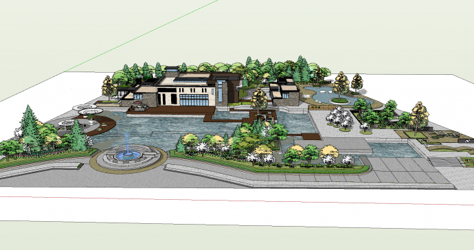 带花园喷泉和树林的高级会所su模型_图1