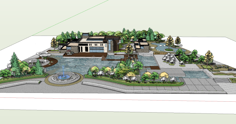 带花园喷泉和树林的高级会所su模型-图一