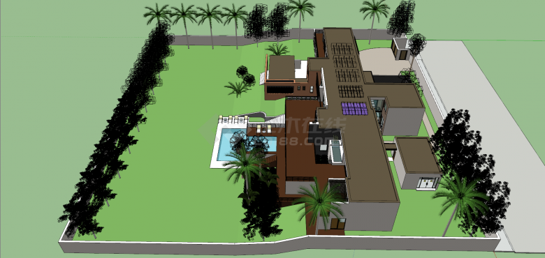 现代绿化带后院泳池双层别墅su模型-图二