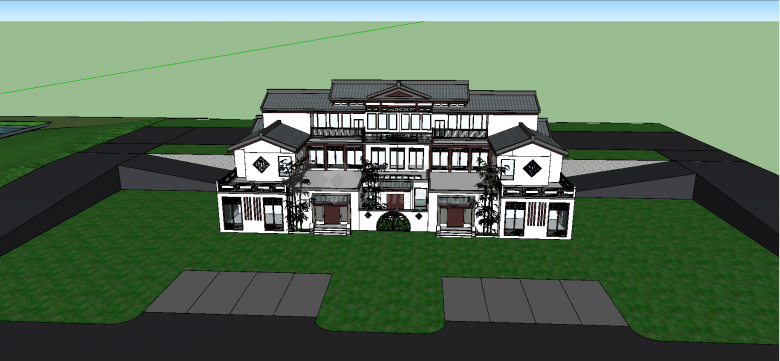 中式古典白墙黑瓦二层别墅su模型-图二