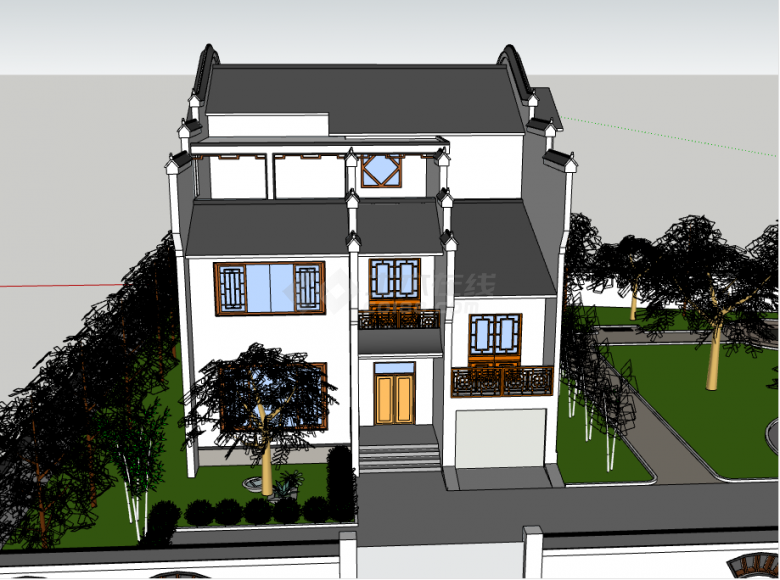 新中式徽派别墅布置效果su模型-图一