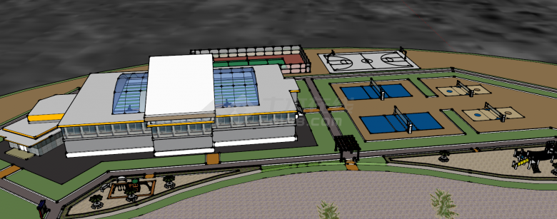 大型室内外带水池的体育场su模型-图二
