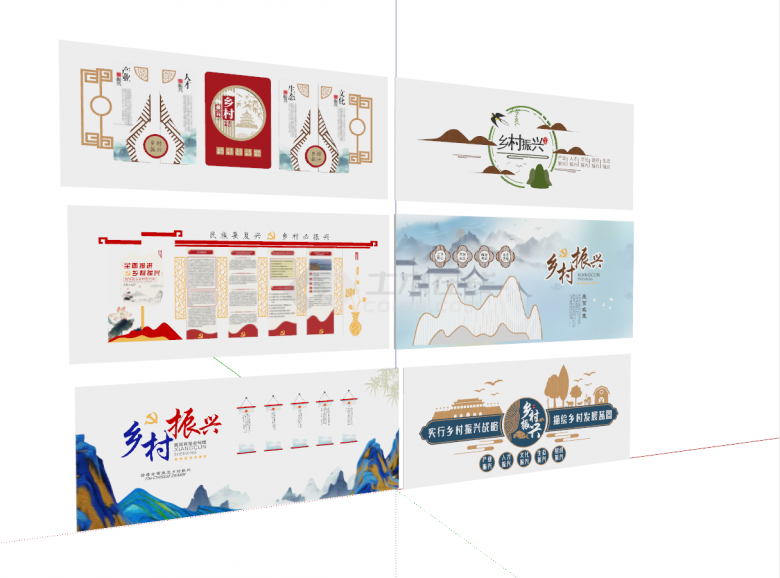 新中式墙体绘画宣传乡村文化墙推进建设发展su模型-图二