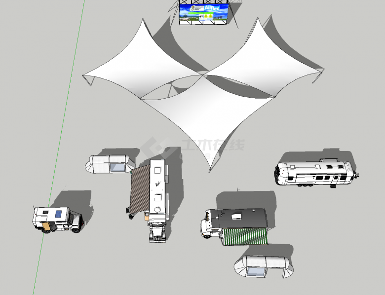 有帐篷有四辆白色房车组成的营地su模型-图二