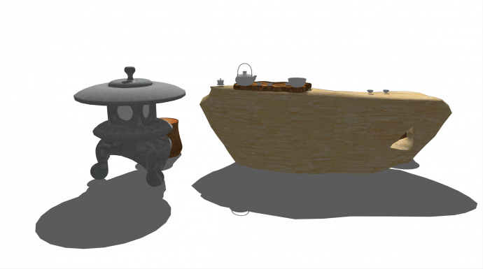 中式异形茶桌石桌石凳su模型_图1