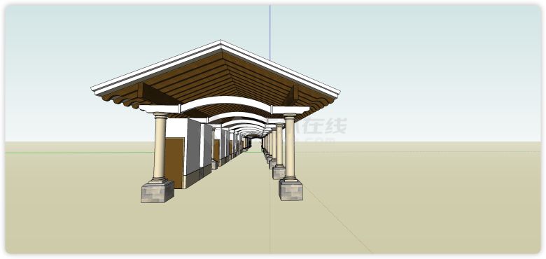 瓦顶长廊构筑物廊架花架su模型-图二