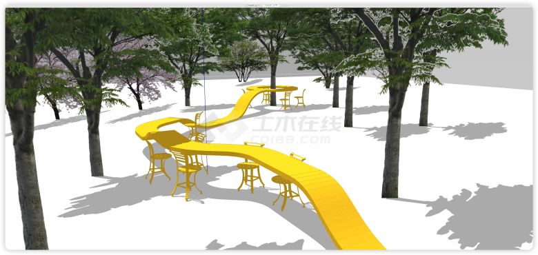 树林中黄色流水型现代公园异形座椅su模型-图一