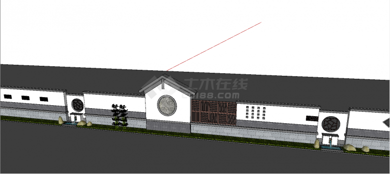 中式组件景墙带大门式长照壁su模型-图一
