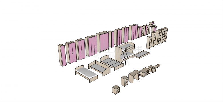 粉色现代儿童各式家具su模型-图二