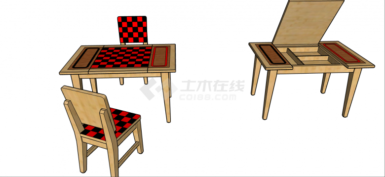 日式多功能下棋四方桌椅儿童家具座椅su模型-图二