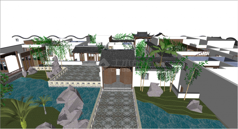 绿树环绕的溪流中间穿过的庭院大门围墙su模型-图二