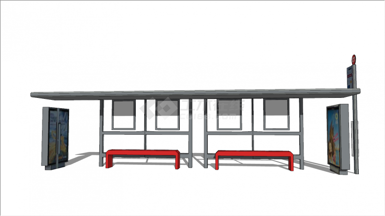 红色座椅广告牌公交车站su模型-图二