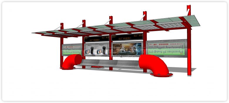 红色钢结构现代公交车站su模型-图一