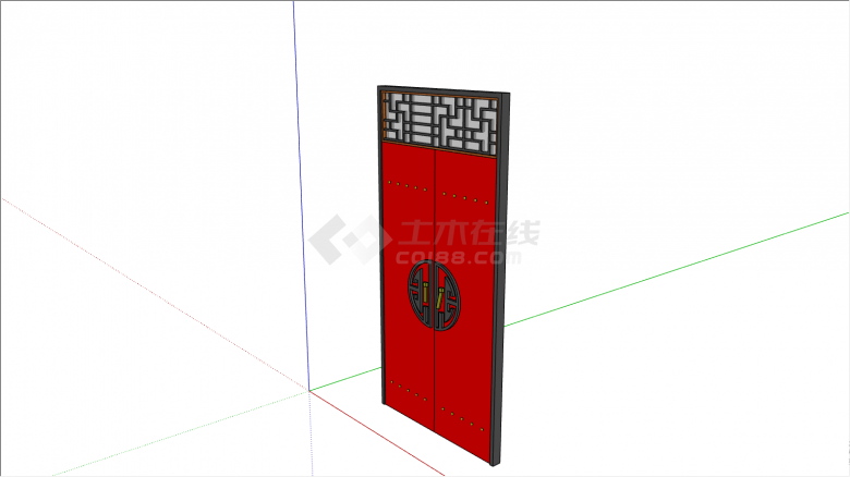 红色的大门上部镂空的中式组件门su模型-图二