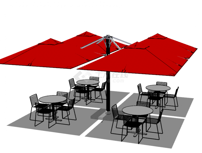 多人坐遮阳伞户外桌椅 su模型-图二