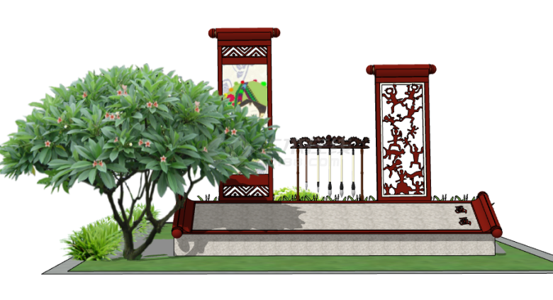 红色镂空农耕文化景墙 su模型-图一