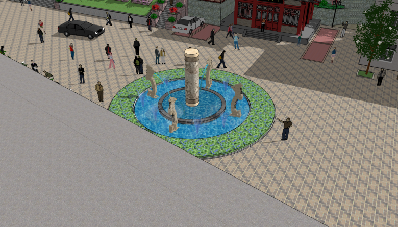 圆柱雕花四龙喷水校园文化广场雕塑su模型-图二