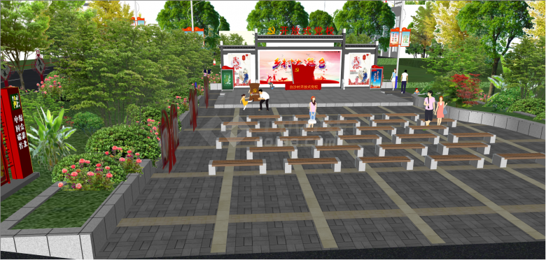 中式中国红文化广场su模型-图一