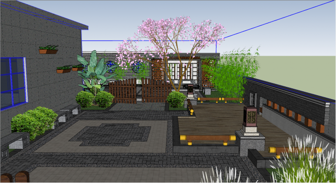 带树木中式屋顶花园su模型_图1