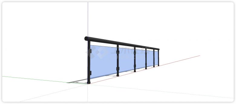 蓝色玻璃黑钢结构玻璃栏杆su模型-图二