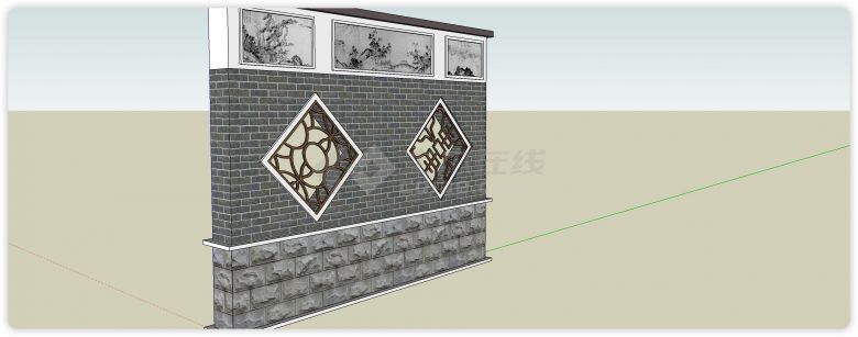 水墨画装饰中式景墙围墙SU模型-图二
