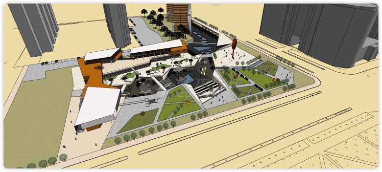 商业下沉广场景观建筑设计SU模型-图二