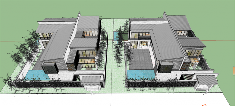 带水池的中式别墅装修建筑设计SU模型-图二