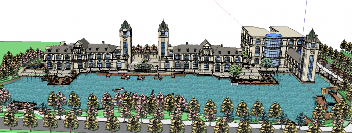 带码头的欧式商业街建筑水景区su模型_图1