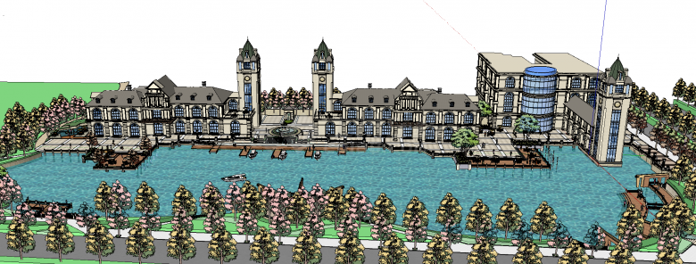 带码头的欧式商业街建筑水景区su模型-图一