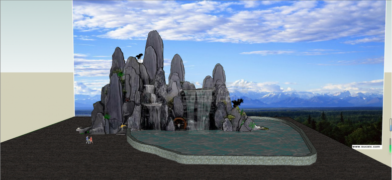 中式叠石景石水池水景假山SU模型-图二