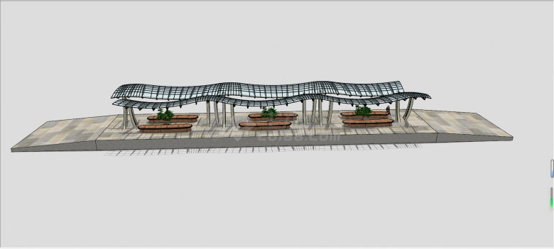 车站波浪型玻璃顶廊架和石凳SU模型-图一