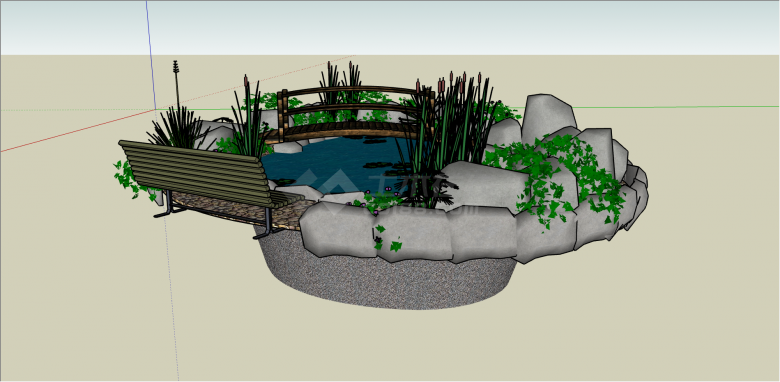 带锦鲤池花园的木桥su模型-图二