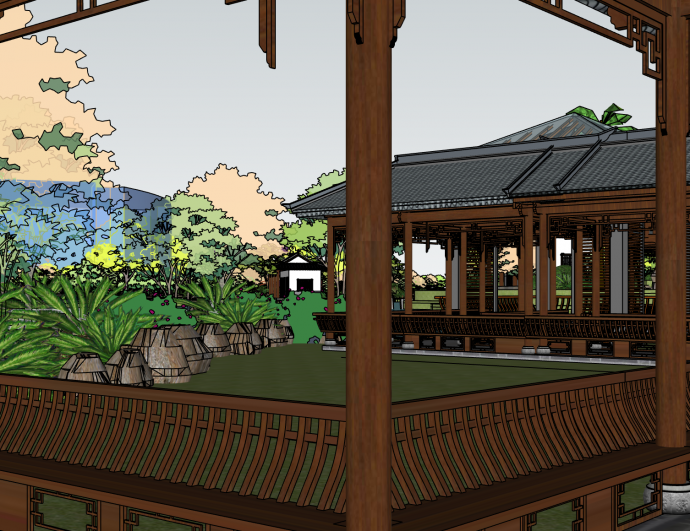 木质中式园林景观公园建筑SU模型_图1