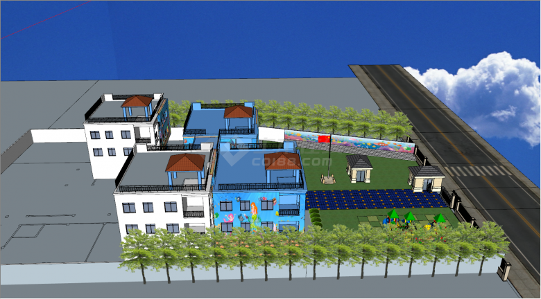 蓝色海底风格幼儿园外观建筑SU模型-图二