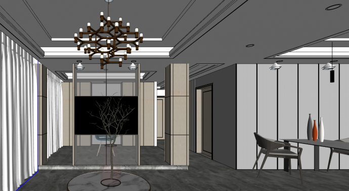 现代豪华带吊灯的客餐厅su模型_图1