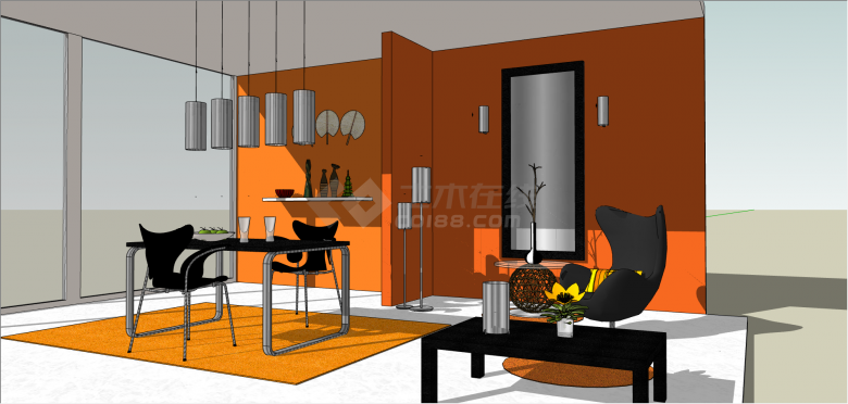 简欧橙色系餐厅空间su模型-图二