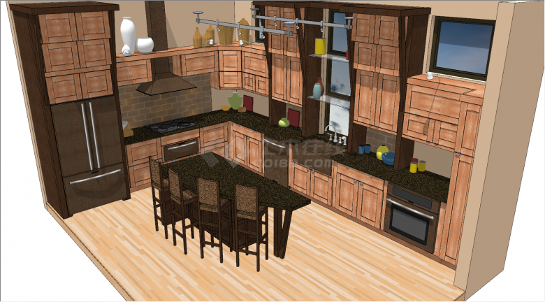 咖啡色桌椅的简易厨房空间su模型-图一
