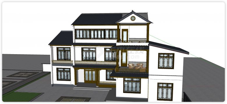 中式三层尖顶两层露台单栋别墅su模型-图二