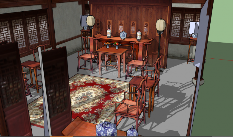 一间古色古香的屋子里放置了红色木制的桌椅古代室内议事堂SU模型-图一