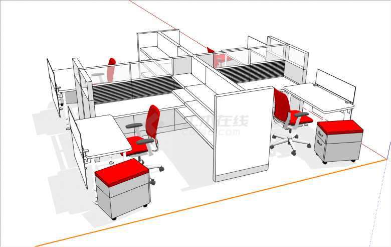 简约红色座椅和办公桌su模型-图一