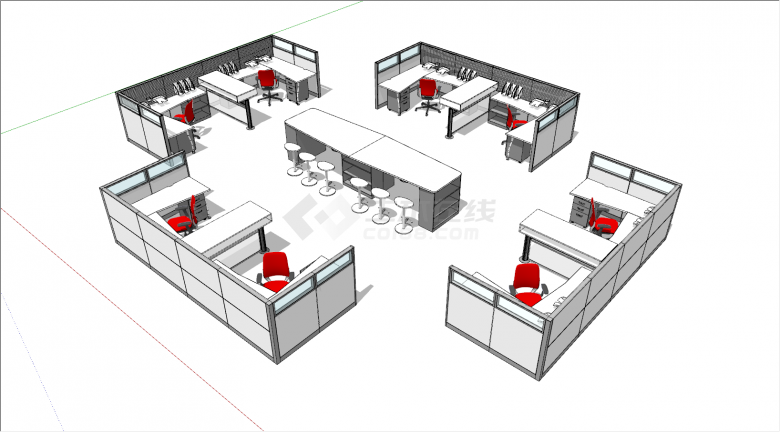 现代四周环式中间休息区办公桌su模型-图一