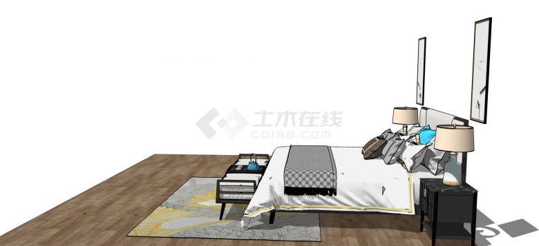 新中式木制地板简约卧室su模型-图二